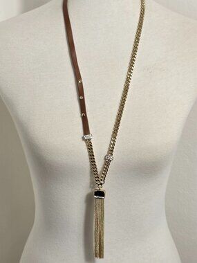 White House Black Market Genuine Leather & Gold-Tone Chain Tassel Necklace NEW